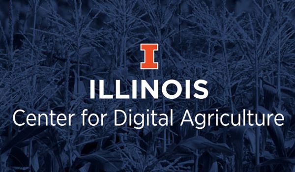 Dark blue graphic with crops in the background showing the U of I block I and logo with the words "Center for Digital Agriculture"