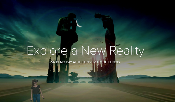 a woman standing with virtual reality goggles on and seeing a background of two larger-than-life statues, several columns that appear to be ancient ruins, tall trees, and a green-ish sky with a vast expanse in the background that appears desert-like with a mountain range in the distance.
